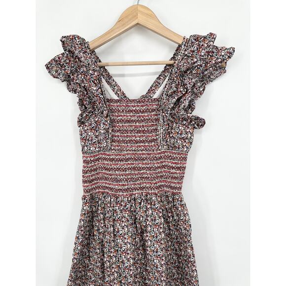 Anthropologie OPT Scilla Midi Dress Floral Ruffle V-Neck Smocked, Purple/ Red - Picture 8 of 11